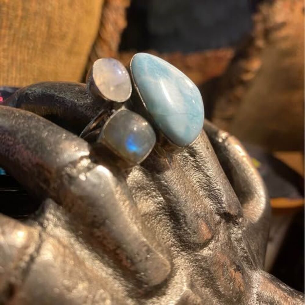 Sterling Larimar, Rainbow Moonstone & Labradorite Ring 8.5